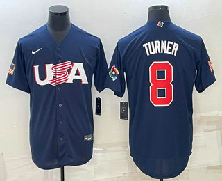 Men%27s USA Baseball #8 Trea Turner 2023 Navy World Baseball Classic Stitched Jerseys